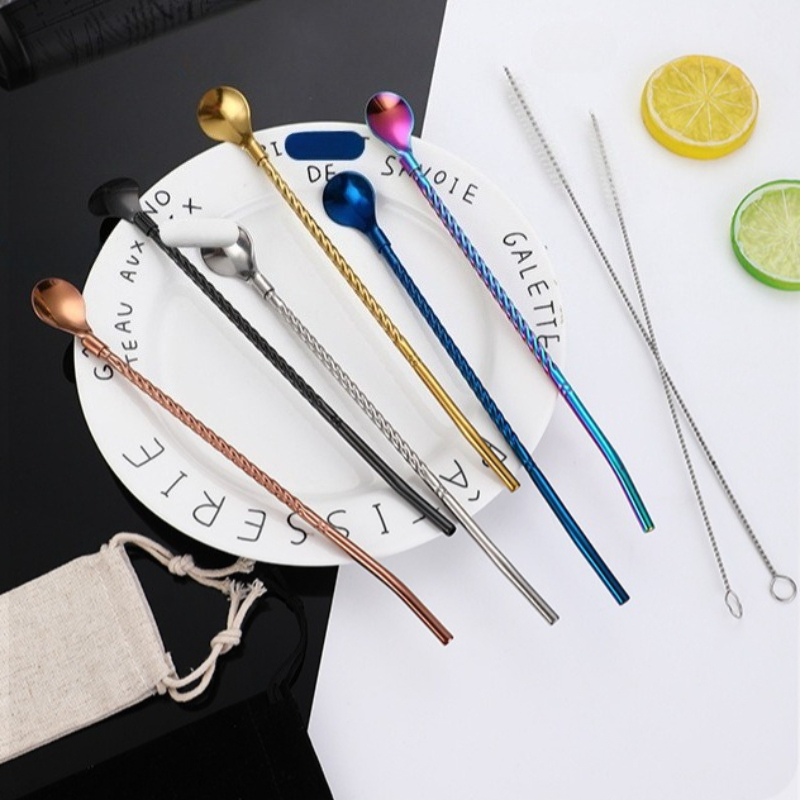 Coffee Tea Spoon - Long Twisted Straw Spoon Portable Stainless